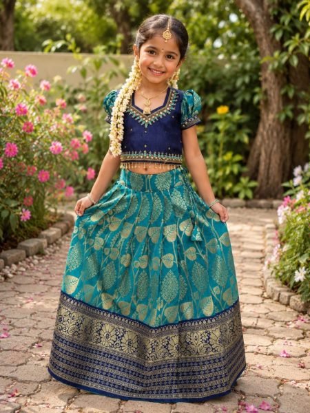 Ornate Teal Blue Fancy Kids Lehenga with Heavy Embroidered Blouse Girls Wear