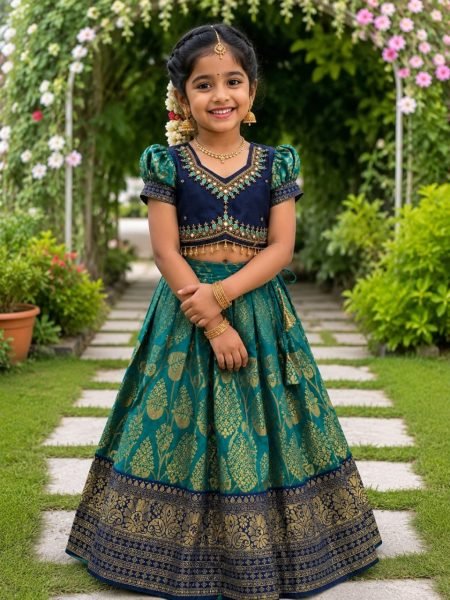 Ornate Teal Blue Fancy Kids Lehenga with Heavy Embroidered Blouse Girls Wear