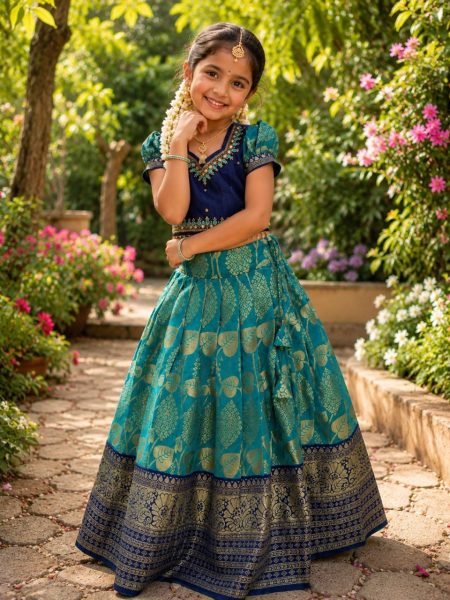 Ornate Teal Blue Fancy Kids Lehenga with Heavy Embroidered Blouse Girls Wear