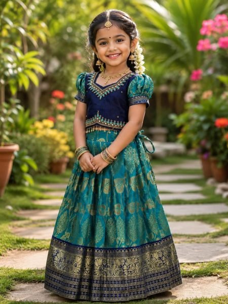 Ornate Teal Blue Fancy Kids Lehenga with Heavy Embroidered Blouse Girls Wear