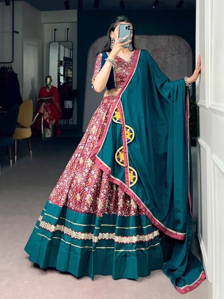 Ornate Teal Green Navratri Tasar Silk Lehenga Choli Set with Mirror Work Dupatta  Lehenga