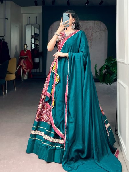 Ornate Teal Green Navratri Tasar Silk Lehenga Choli Set with Mirror Work Dupatta Navratri Lehnega Choli