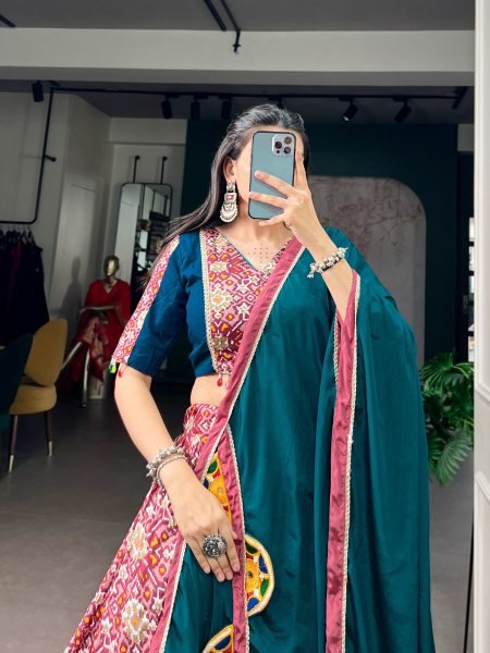 Ornate Teal Green Navratri Tasar Silk Lehenga Choli Set with Mirror Work Dupatta Navratri Lehnega Choli