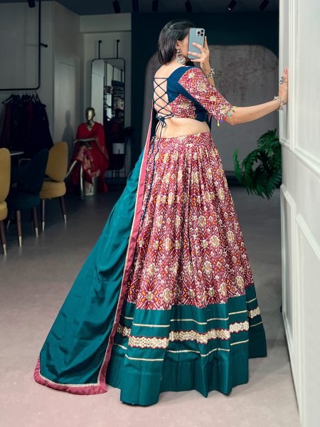 Ornate Teal Green Navratri Tasar Silk Lehenga Choli Set with Mirror Work Dupatta Navratri Lehnega Choli