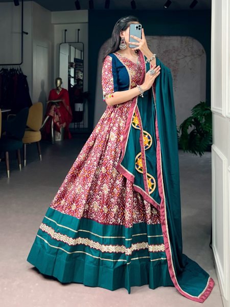 Ornate Teal Green Navratri Tasar Silk Lehenga Choli Set with Mirror Work Dupatta Navratri Lehnega Choli