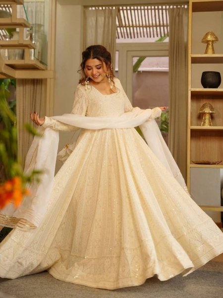 Ornate White Fancy Embroidered Georgette Outfit for Wedding Wear Ready To Wear Suit