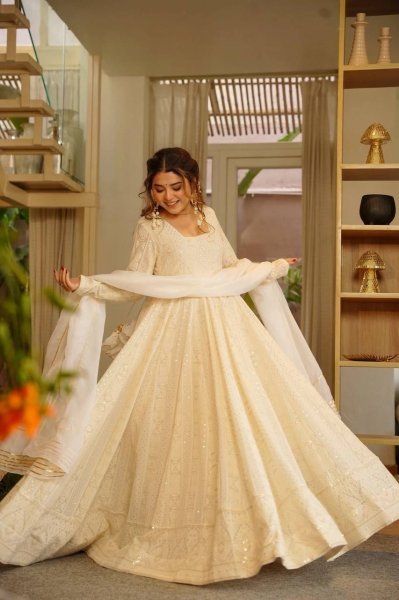Ornate White Fancy Embroidered Georgette Outfit for Wedding Wear Ready To Wear Collection