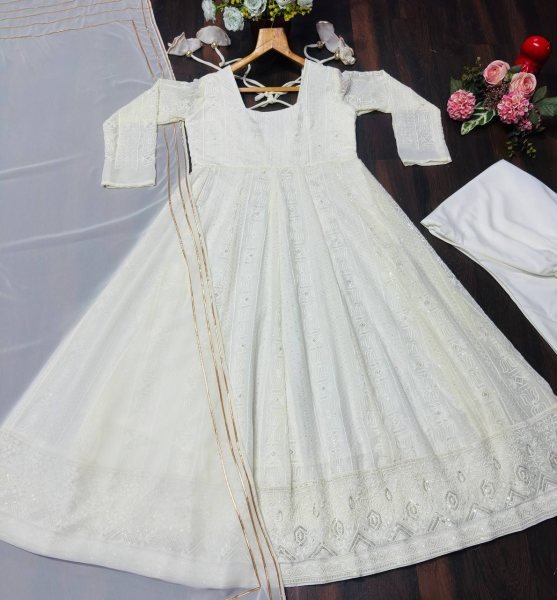 Ornate White Fancy Embroidered Georgette Outfit for Wedding Wear Ready To Wear Collection
