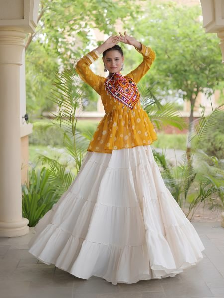 Ornate White Yellow Kora Cotton Lehenga with Fully Stitched Patchwork Top For Wedding  Lehenga