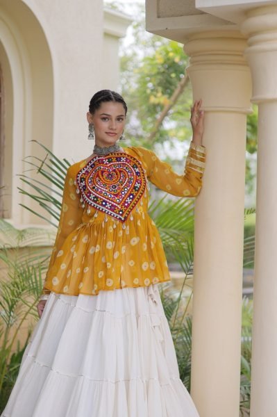 Ornate White Yellow Kora Cotton Lehenga with Fully Stitched Patchwork Top For Wedding Navratri Lehnega Choli