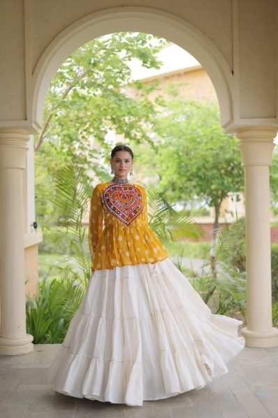 Ornate White Yellow Kora Cotton Lehenga with Fully Stitched Patchwork Top For Wedding Navratri Lehnega Choli