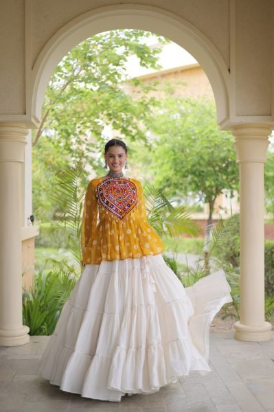 Ornate White Yellow Kora Cotton Lehenga with Fully Stitched Patchwork Top For Wedding Navratri Lehnega Choli