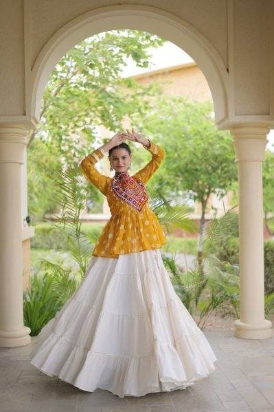 Ornate White Yellow Kora Cotton Lehenga with Fully Stitched Patchwork Top For Wedding Navratri Lehnega Choli