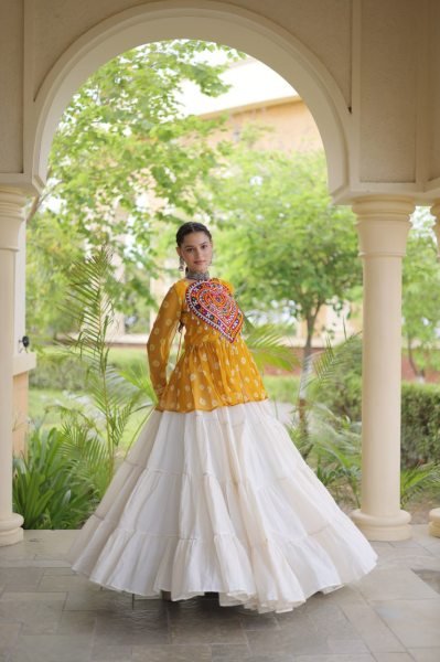 Ornate White Yellow Kora Cotton Lehenga with Fully Stitched Patchwork Top For Wedding Navratri Lehnega Choli