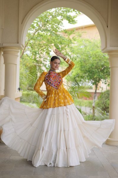 Ornate White Yellow Kora Cotton Lehenga with Fully Stitched Patchwork Top For Wedding Navratri Lehnega Choli