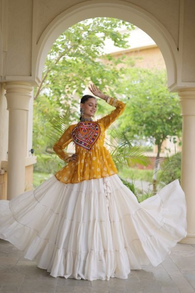 Ornate White Yellow Kora Cotton Lehenga with Fully Stitched Patchwork Top For Wedding Navratri Lehnega Choli