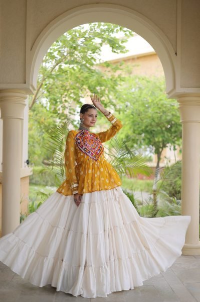 Ornate White Yellow Kora Cotton Lehenga with Fully Stitched Patchwork Top For Wedding Navratri Lehnega Choli