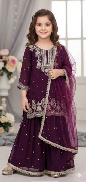 Ornate Wine Girls Palazzo Dress with Dupatta for Special Occasions Girls Wear