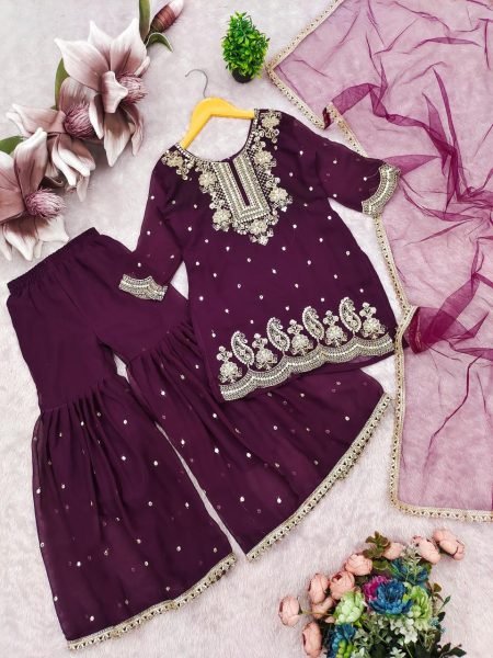 Ornate Wine Girls Palazzo Dress with Dupatta for Special Occasions Girls Wear