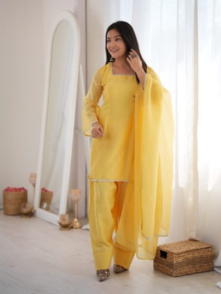 Ornate Yellow Crunchy Silk Farshi Salwar Suit with Fancy Lace and Dupatta Ready To Wear Suit