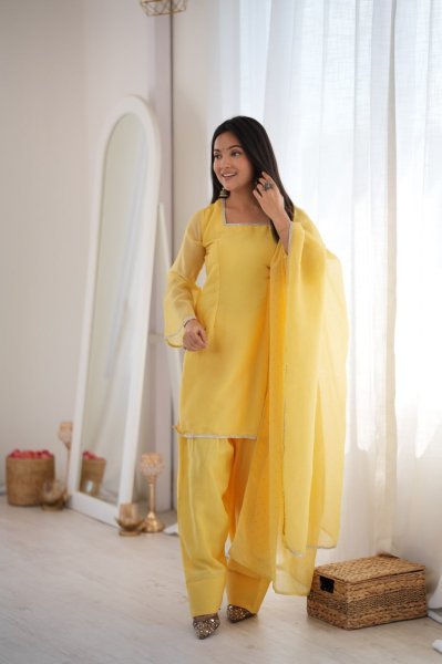 Ornate Yellow Crunchy Silk Farshi Salwar Suit with Fancy Lace and Dupatta Ready To Wear Collection