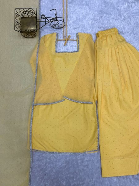 Ornate Yellow Crunchy Silk Farshi Salwar Suit with Fancy Lace and Dupatta Ready To Wear Collection