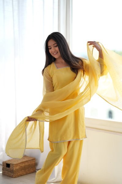 Ornate Yellow Crunchy Silk Farshi Salwar Suit with Fancy Lace and Dupatta Ready To Wear Collection