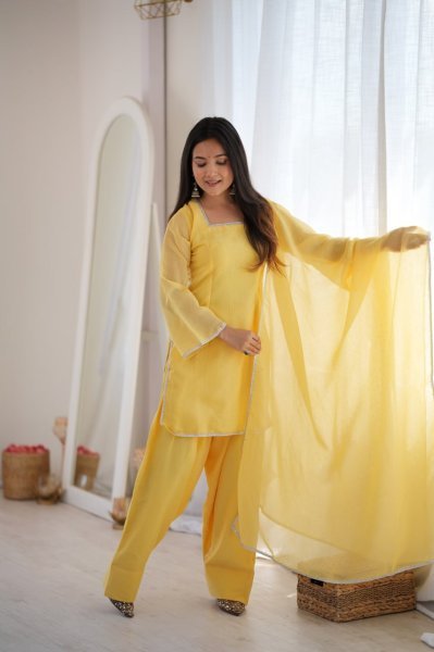 Ornate Yellow Crunchy Silk Farshi Salwar Suit with Fancy Lace and Dupatta Ready To Wear Collection