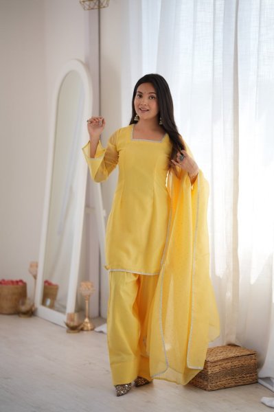 Ornate Yellow Crunchy Silk Farshi Salwar Suit with Fancy Lace and Dupatta Ready To Wear Collection