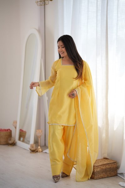 Ornate Yellow Crunchy Silk Farshi Salwar Suit with Fancy Lace and Dupatta Ready To Wear Collection