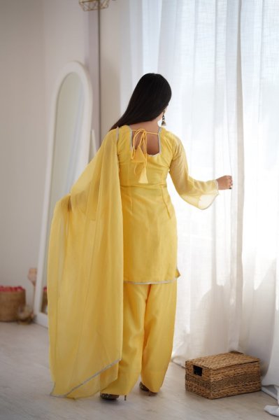 Ornate Yellow Crunchy Silk Farshi Salwar Suit with Fancy Lace and Dupatta Ready To Wear Collection