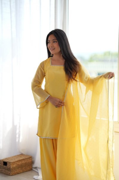 Ornate Yellow Crunchy Silk Farshi Salwar Suit with Fancy Lace and Dupatta Ready To Wear Collection