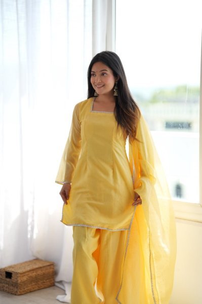 Ornate Yellow Crunchy Silk Farshi Salwar Suit with Fancy Lace and Dupatta Ready To Wear Collection
