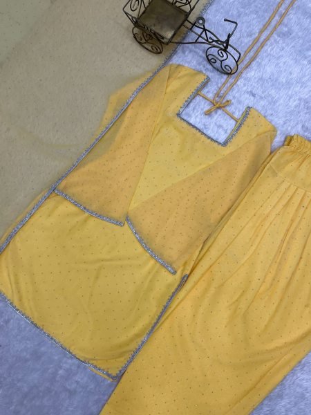 Ornate Yellow Crunchy Silk Farshi Salwar Suit with Fancy Lace and Dupatta Ready To Wear Collection