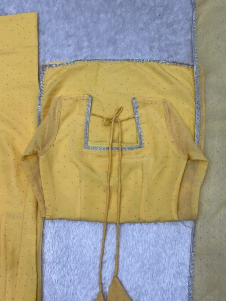 Ornate Yellow Crunchy Silk Farshi Salwar Suit with Fancy Lace and Dupatta Ready To Wear Collection