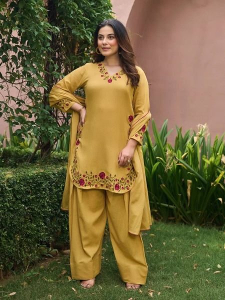 Ornate Yellow Mal Chanderi Cotton Farshi Salwar Set with Embroidery Work for Party Ready To Wear Suit