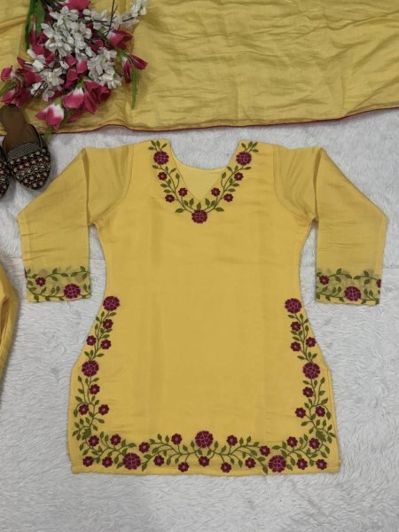 Ornate Yellow Mal Chanderi Cotton Farshi Salwar Set with Embroidery Work for Party Ready To Wear Collection