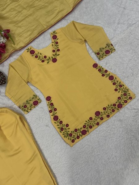 Ornate Yellow Mal Chanderi Cotton Farshi Salwar Set with Embroidery Work for Party Ready To Wear Collection