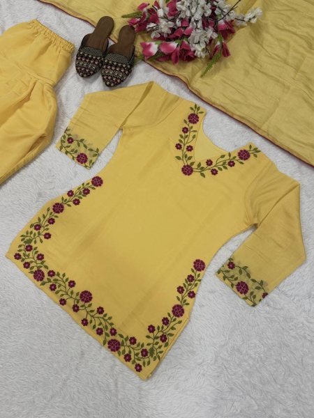 Ornate Yellow Mal Chanderi Cotton Farshi Salwar Set with Embroidery Work for Party Ready To Wear Collection