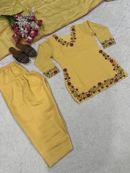 Ornate Yellow Mal Chanderi Cotton Farshi Salwar Set with Embroidery Work for Party Ready To Wear Collection