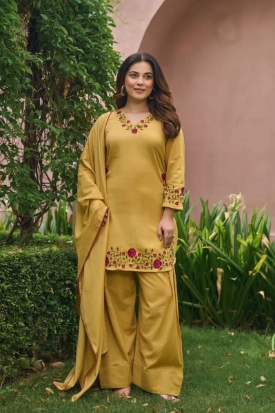 Ornate Yellow Mal Chanderi Cotton Farshi Salwar Set with Embroidery Work for Party Ready To Wear Collection