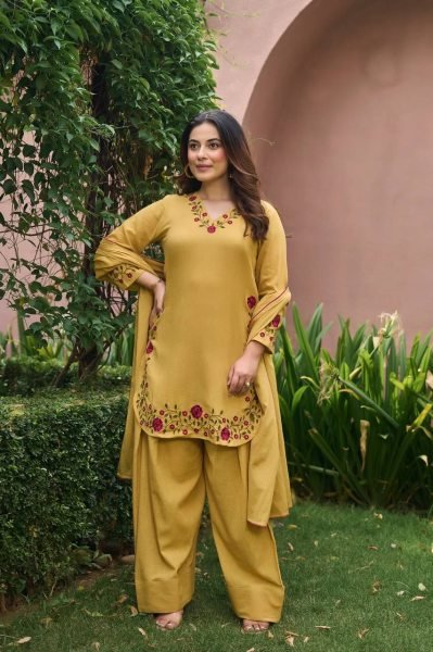 Ornate Yellow Mal Chanderi Cotton Farshi Salwar Set with Embroidery Work for Party Ready To Wear Collection