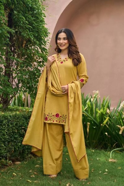 Ornate Yellow Mal Chanderi Cotton Farshi Salwar Set with Embroidery Work for Party Ready To Wear Collection
