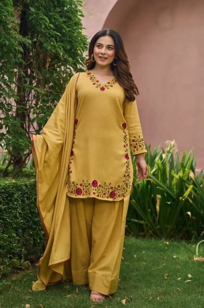 Ornate Yellow Mal Chanderi Cotton Farshi Salwar Set with Embroidery Work for Party Ready To Wear Collection