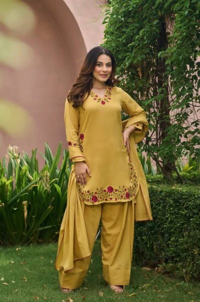 Ornate Yellow Mal Chanderi Cotton Farshi Salwar Set with Embroidery Work for Party Ready To Wear Collection