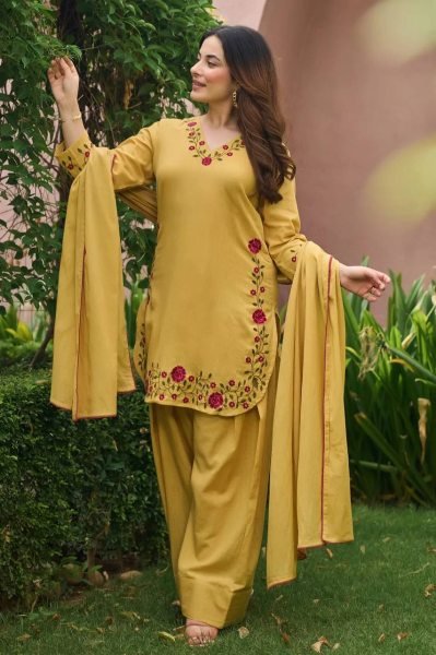 Ornate Yellow Mal Chanderi Cotton Farshi Salwar Set with Embroidery Work for Party Ready To Wear Collection