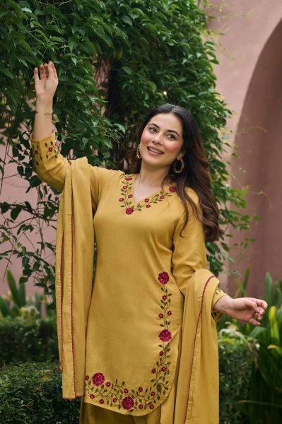 Ornate Yellow Mal Chanderi Cotton Farshi Salwar Set with Embroidery Work for Party Ready To Wear Collection
