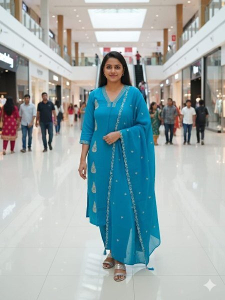 Orphina Blue Mul Chanderi Suit with Roman Silk Bottom Summer Style Embroidery Kurtis 