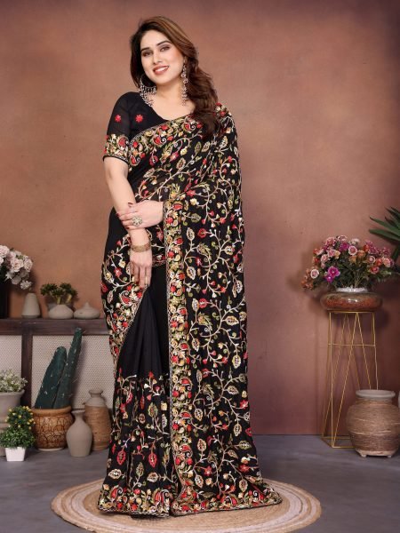 Orvella Black Lakhnowi Embroidery Saree with Elegant Finish for Celebration Wear Embroidery Sarees Wholesale