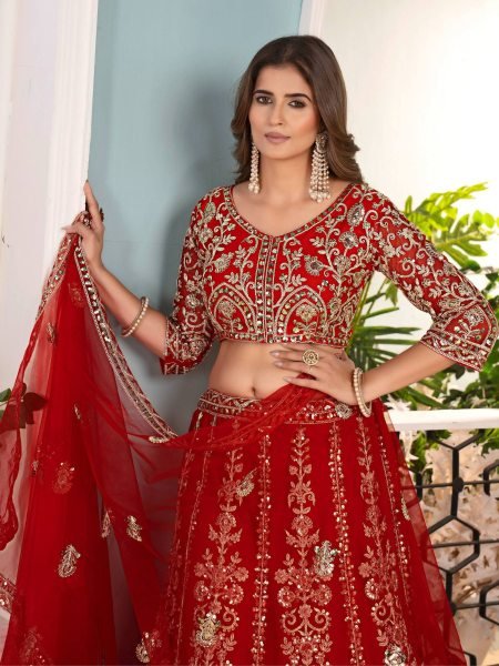 Outstanding Red Net Lehenga Choli with Coding Design and Dupatta Bridal Collection  Lehenga